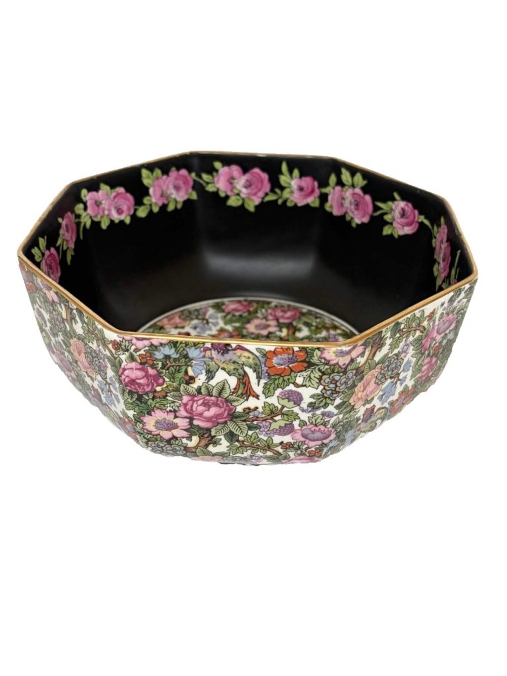 Vintage Crown Ducal Roseland Chintz Octagonal Bowl Black Pink Roses Birds 1930s